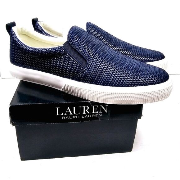 Lauren Ralph Lauren Blue Haddley Leather Trim Straw Sneaker Slip-on Size 8 NWT - Picture 1 of 10